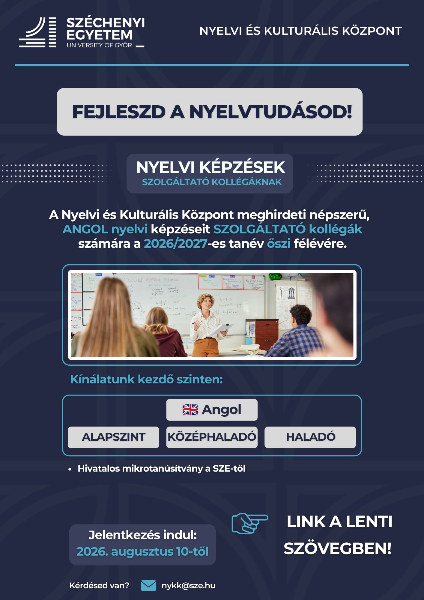 Nyelvi képzések szolgáltató kollégáknak 2026/27 őszi félévben a Széchenyi Egyetemen